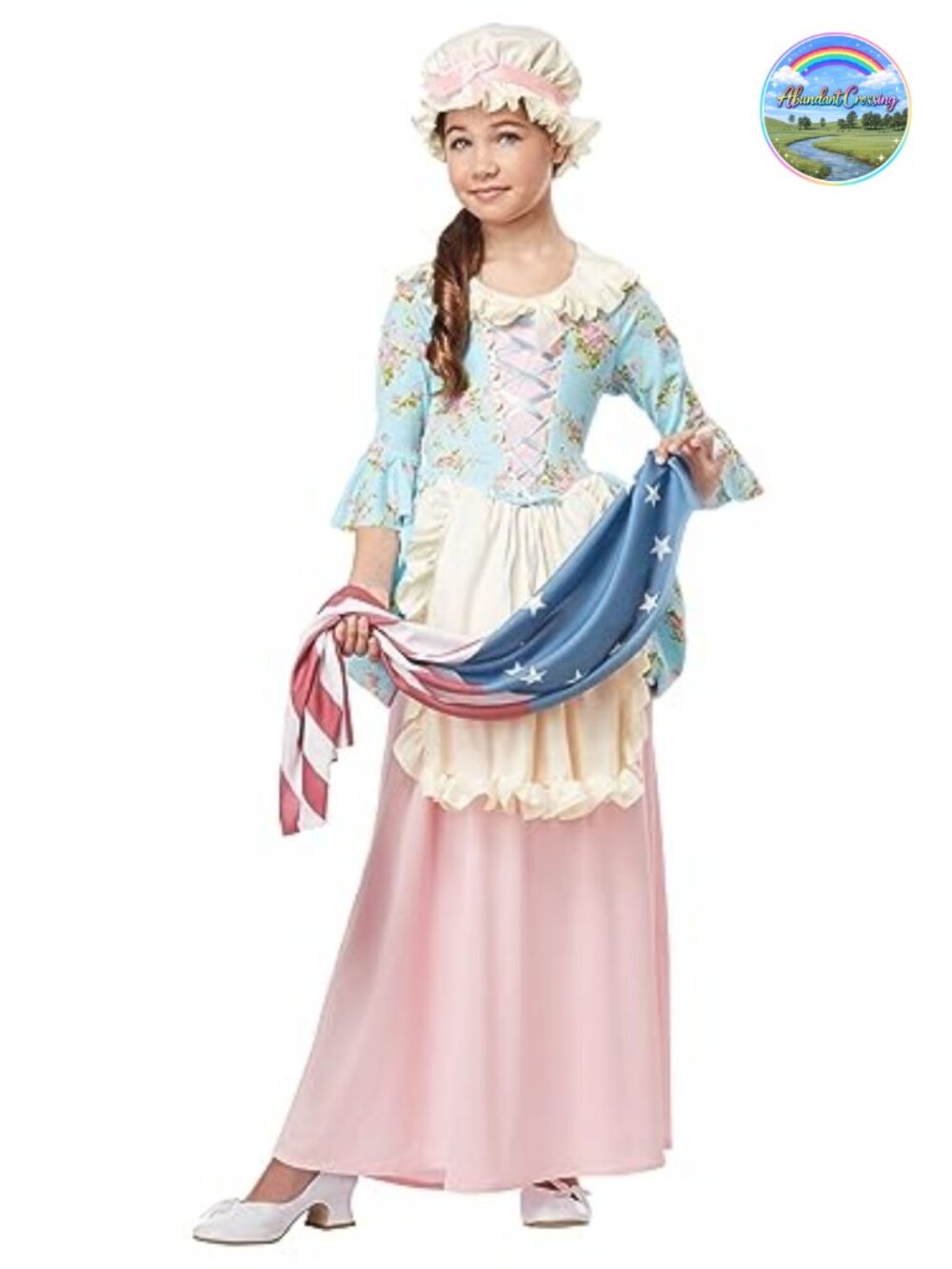 Colonial Lady Betsy Ross Costume Dress Hat Flag Mop Cap Girls